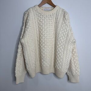 Highland Home Industries Cream 100% Wool Cable Knit Crewneck Fisherman Sweater